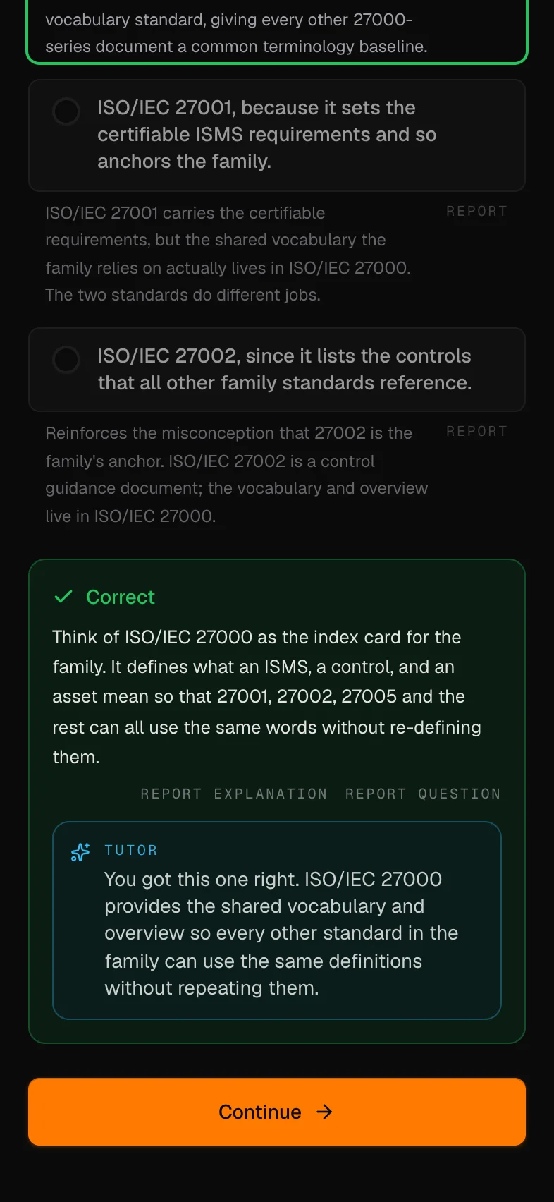 A Mindset Prep graded question with the green Correct panel and a TUTOR-labelled AI explanation rendered below it, grounded in the cited ISO clause