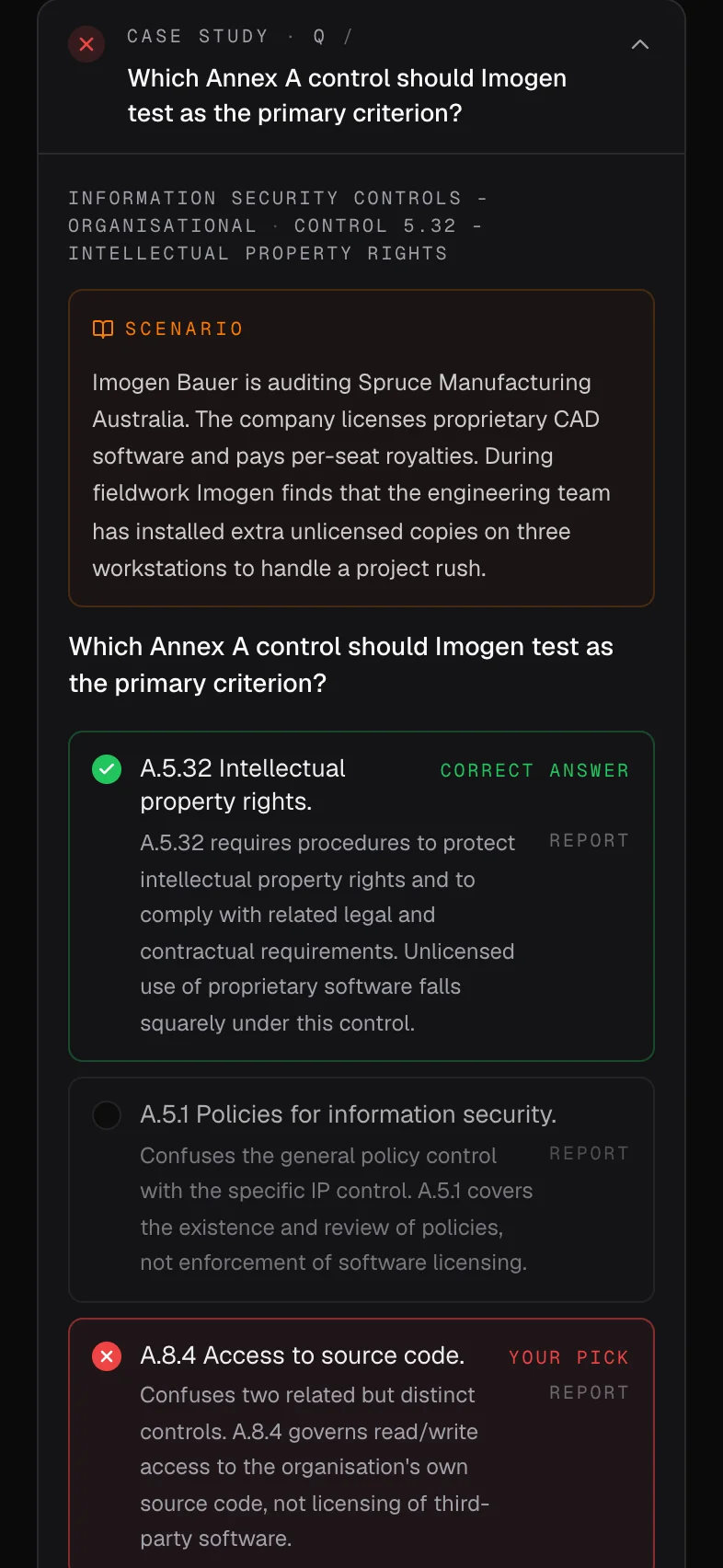 A Mindset Prep question after submission - an auditor scenario about Control 6.3 with three options, the correct one marked with a green border, and a Tutor rationale rendered under every option