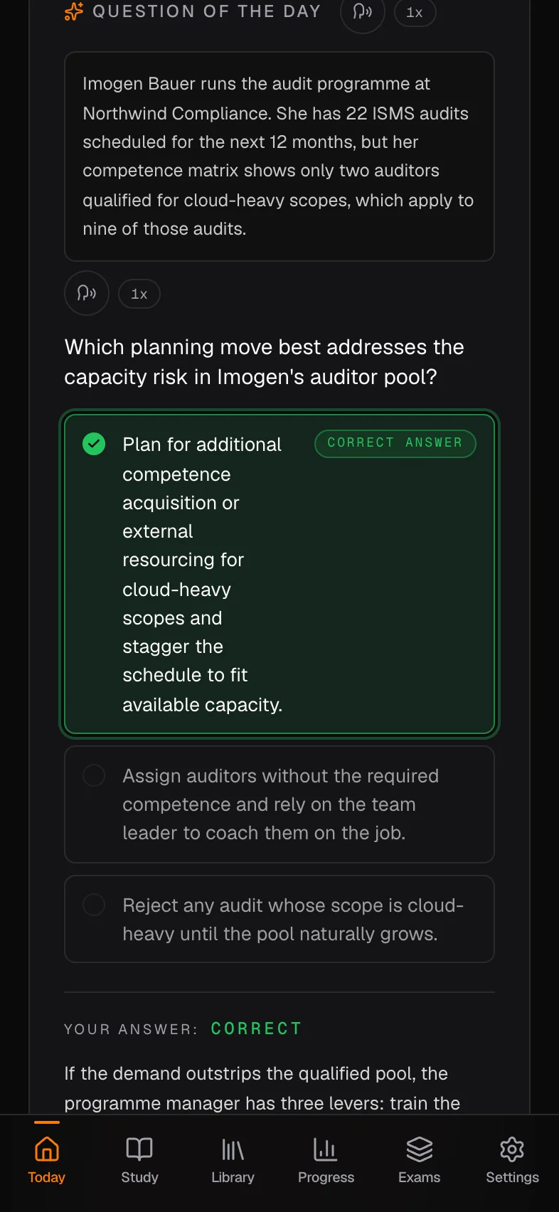 A complete graded Mindset Prep audit scenario showing the correct answer, alternative options, and the beginning of the cited explanation